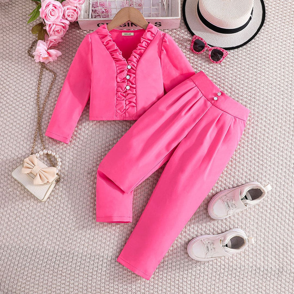 Girls Pink Long Sleeve V-Neck Top With Pants Set Sets Pink 4-5 Y 