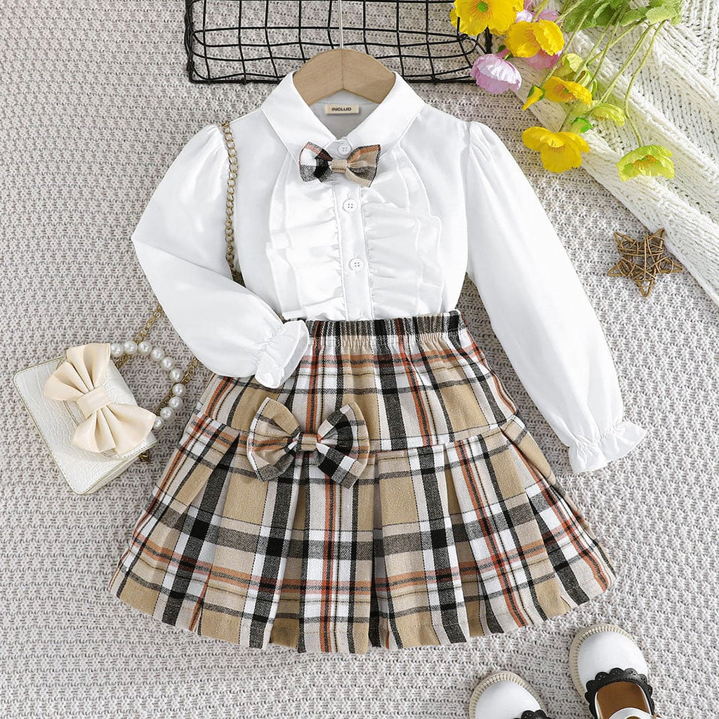 Girls White Long Sleeve Shirt With Checked Skirt Set Sets White 4-5 Y 