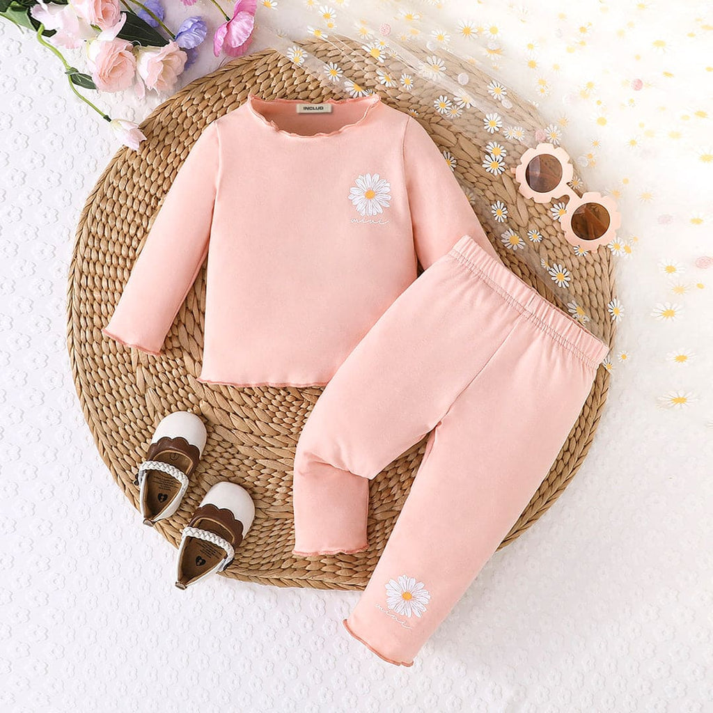 Girls Pink Floral Printed Long Sleeve Top With Pants Set Sets Pink 6-9 M 