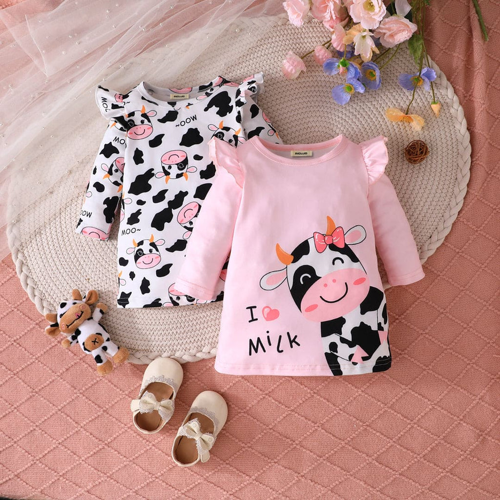 Girls Pink Long Sleeve Cow Printed T-Shirt ( Pack Of 2 ) Tops Pink 6-9 M 