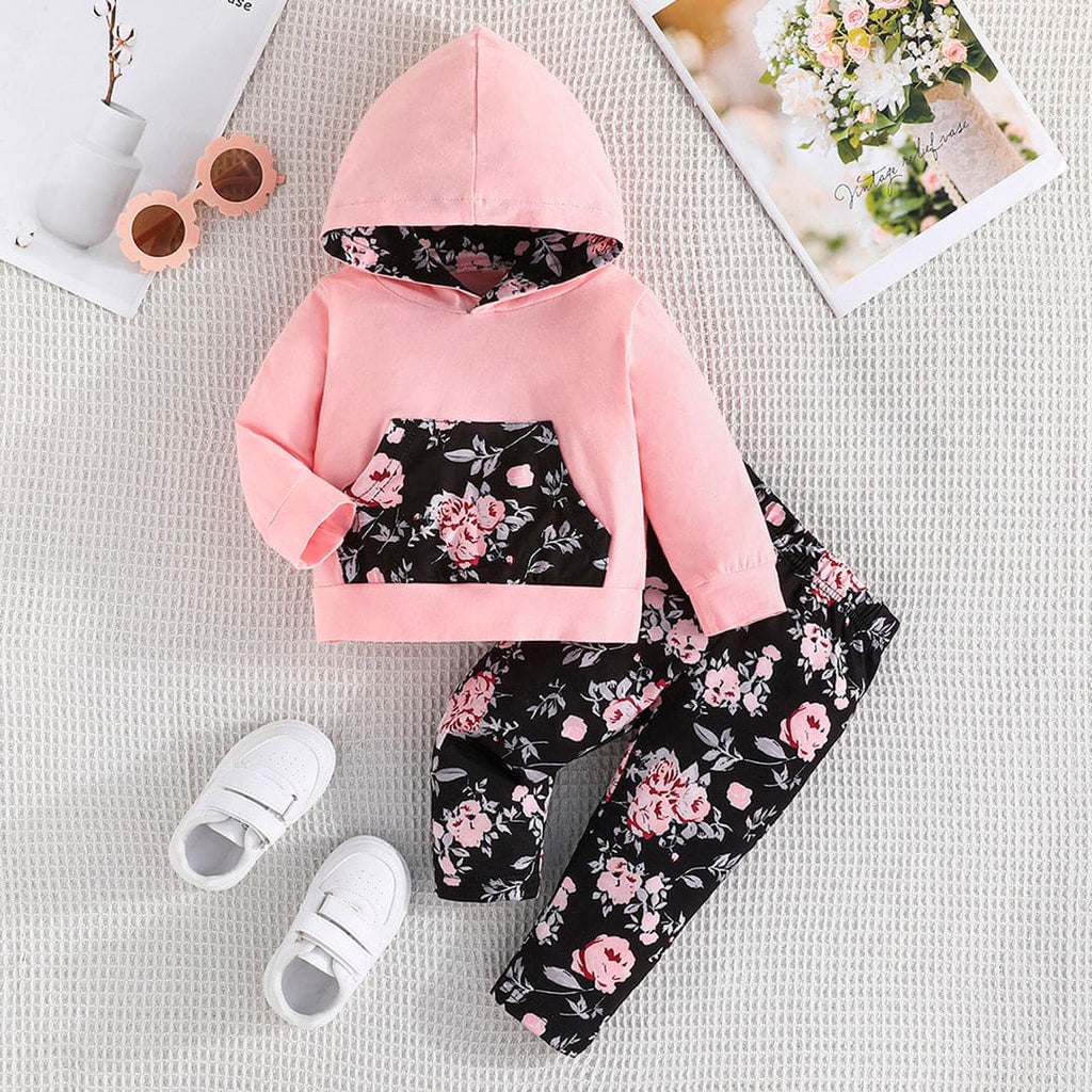 Girls Pink Hooded Sweatshirt With Floral Printed Pants Set Sets Pink 6-9 M 