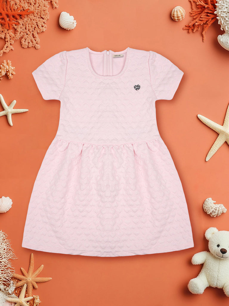 Girls Pink Short Sleeve Heart Jacquard Design Fit & Flare Dress Casual Dresses Pink 9-12 M 