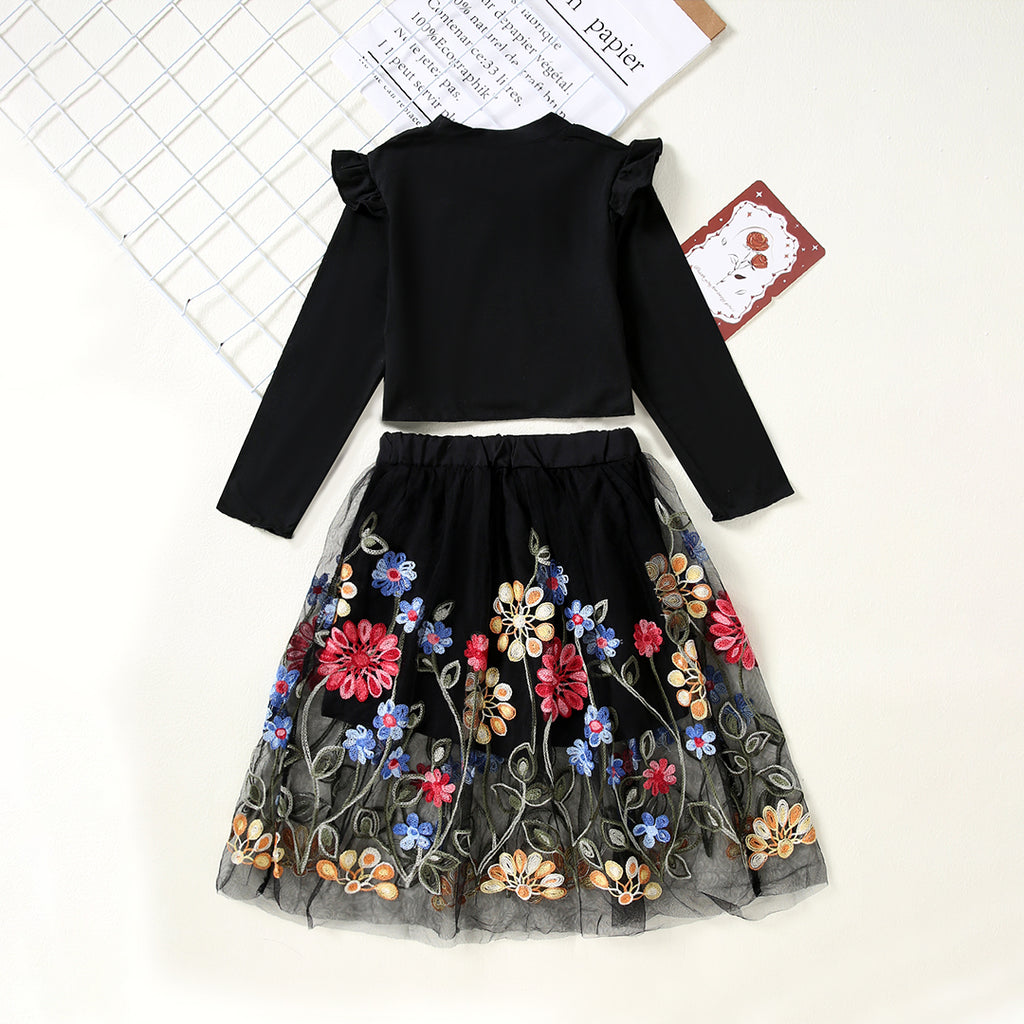Girls Black Knitted Top with Embroidered Skirt Sets   