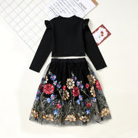 Girls Black Knitted Top with Embroidered Skirt Sets   