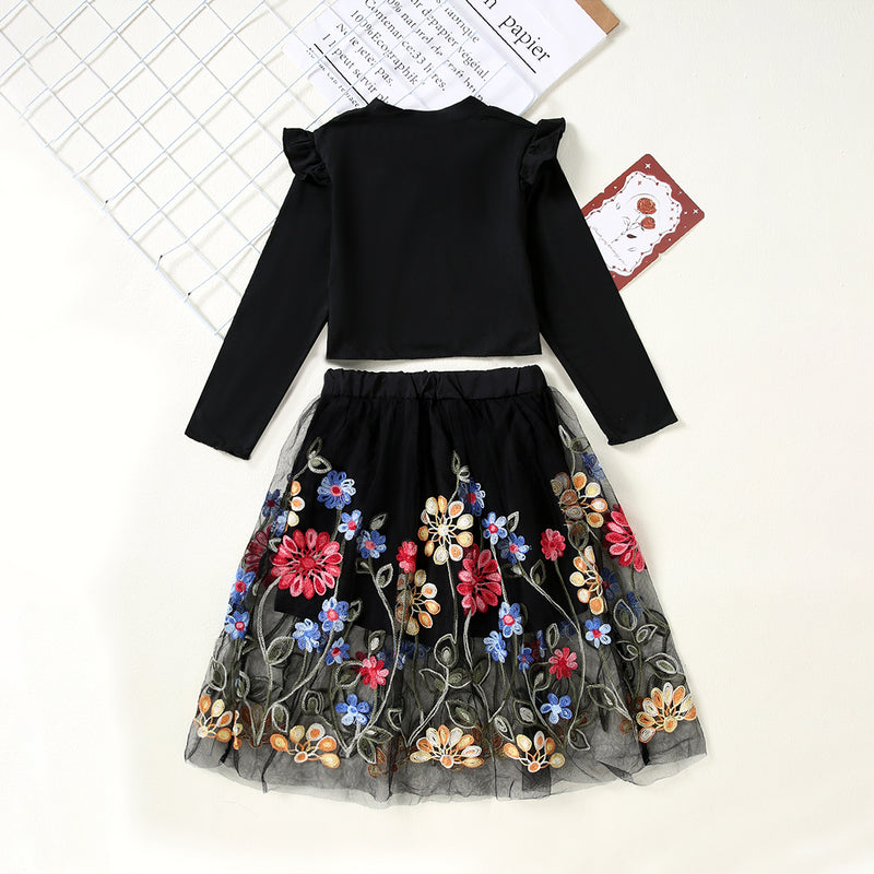 Girls Black Knitted Top with Embroidered Skirt Sets   