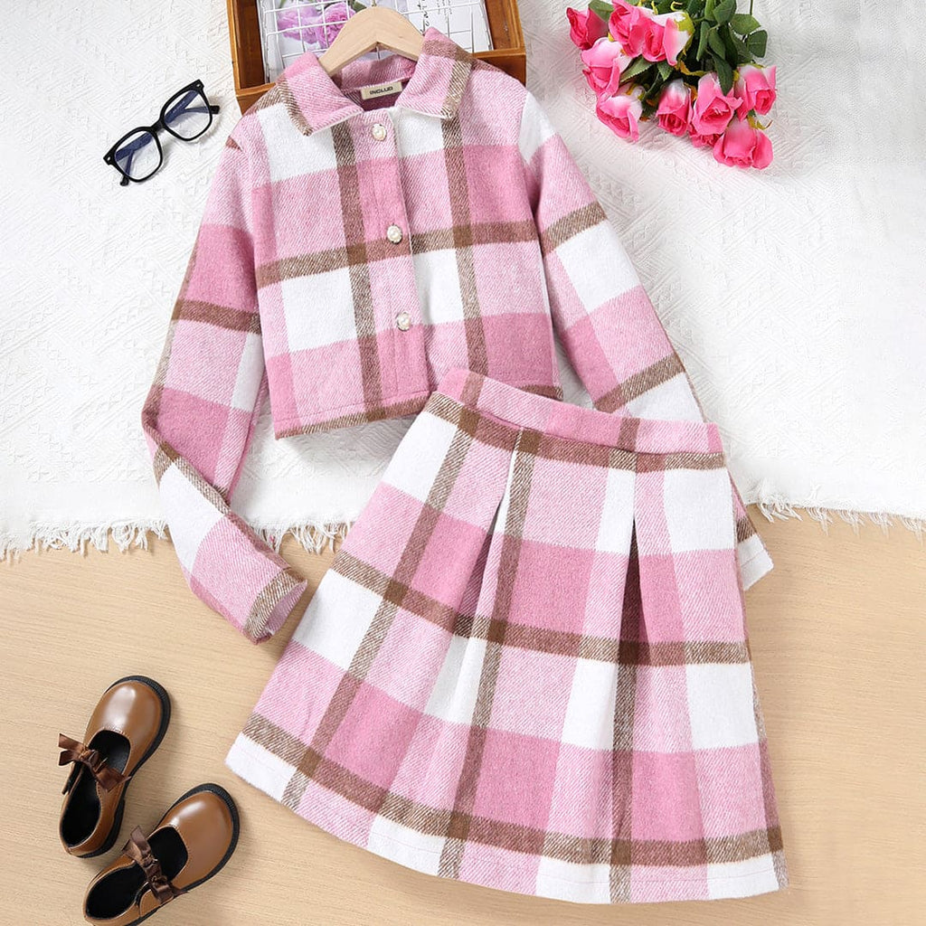 Girls Pink Checkered Print Shirt with Skirt Set Sets Pink 8-9 Y 