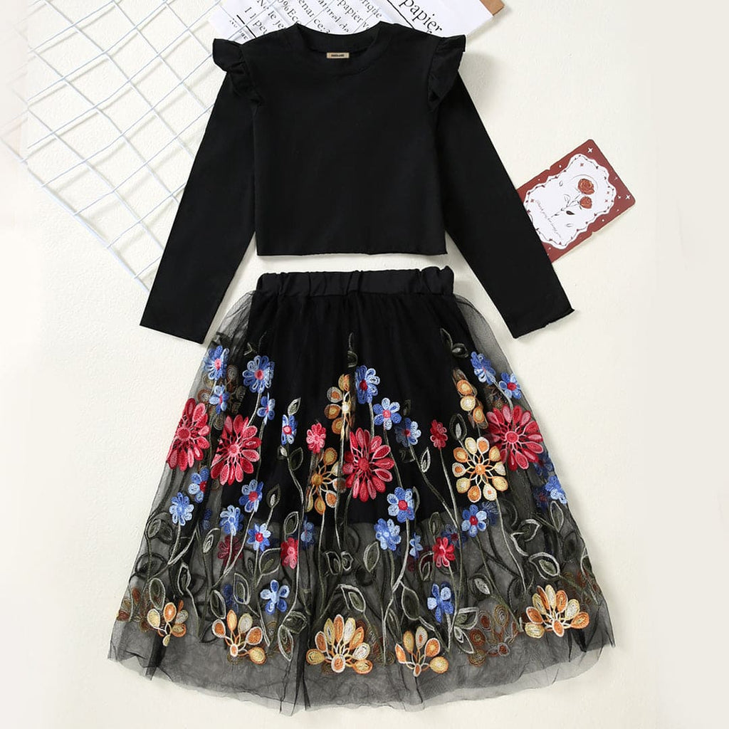 Girls Black Knitted Top with Embroidered Skirt Sets Black 4-5 Y 