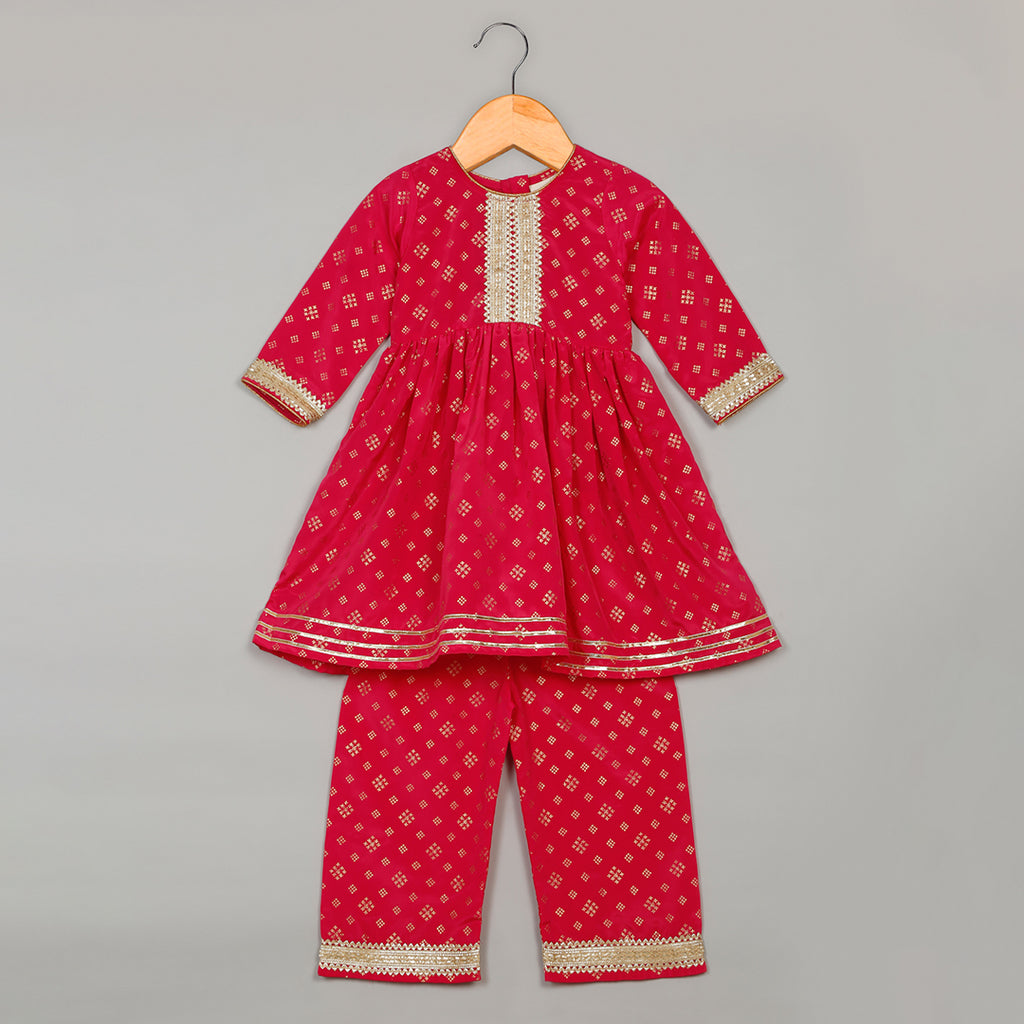 Girls Red Foil Printed Kurta with Pants Set Sets Red 0-1 Y 