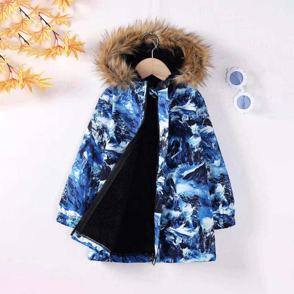 Girls Blue Printed Full Sleeves Fur Hooded Long Jackets Coats & Jackets Blue 4-5 Y 