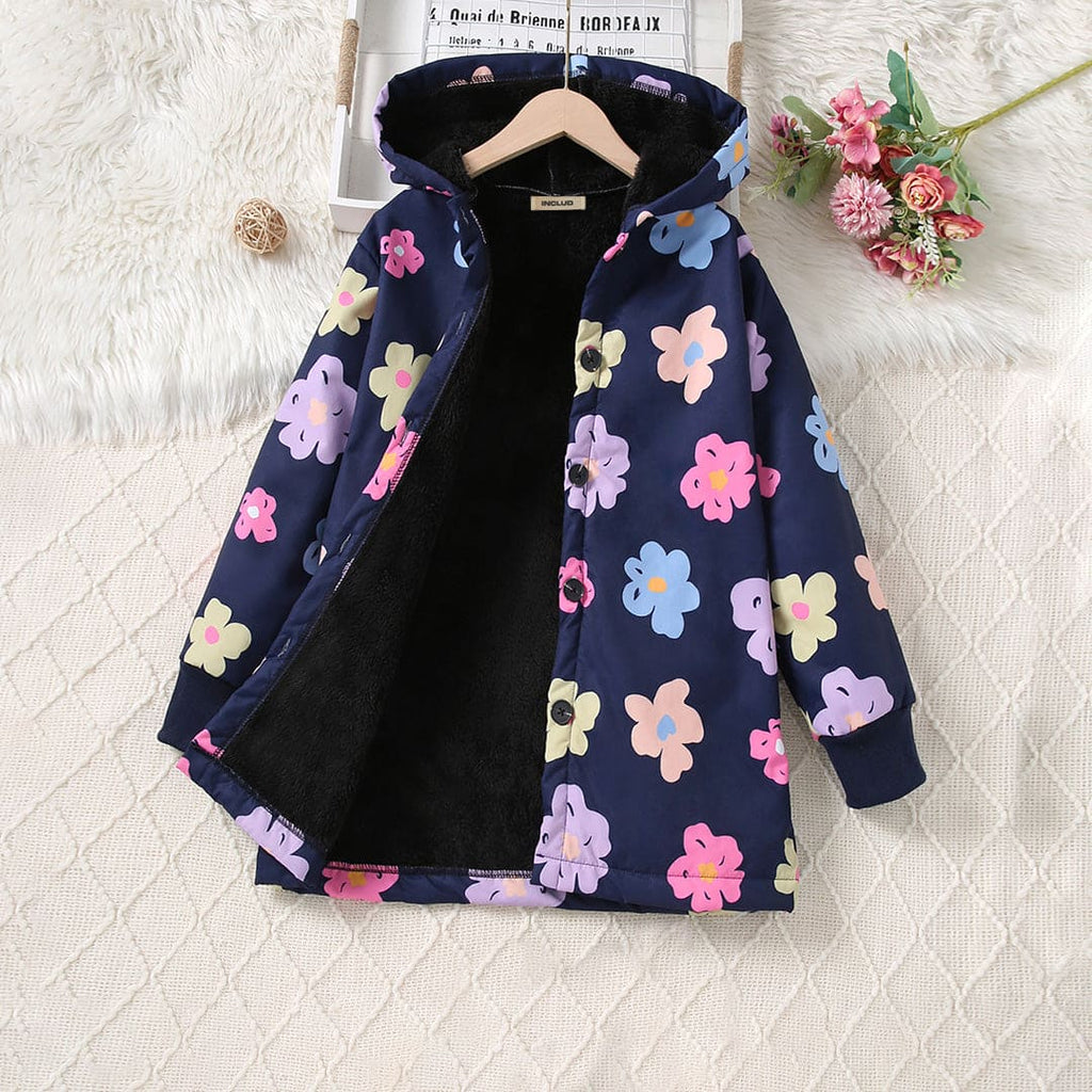 Girls Blue Floral Print Full Sleeves Hooded Jacket Coats & Jackets Blue 8-9 Y 