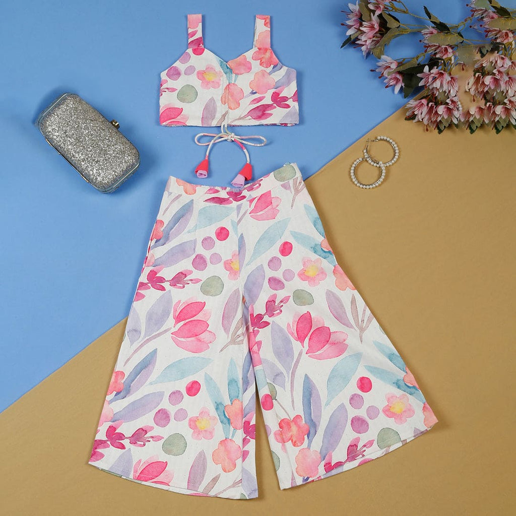 Girls White Floral Printed Crop Top with Palazzo Pants Set Sets White 0-1 Y 