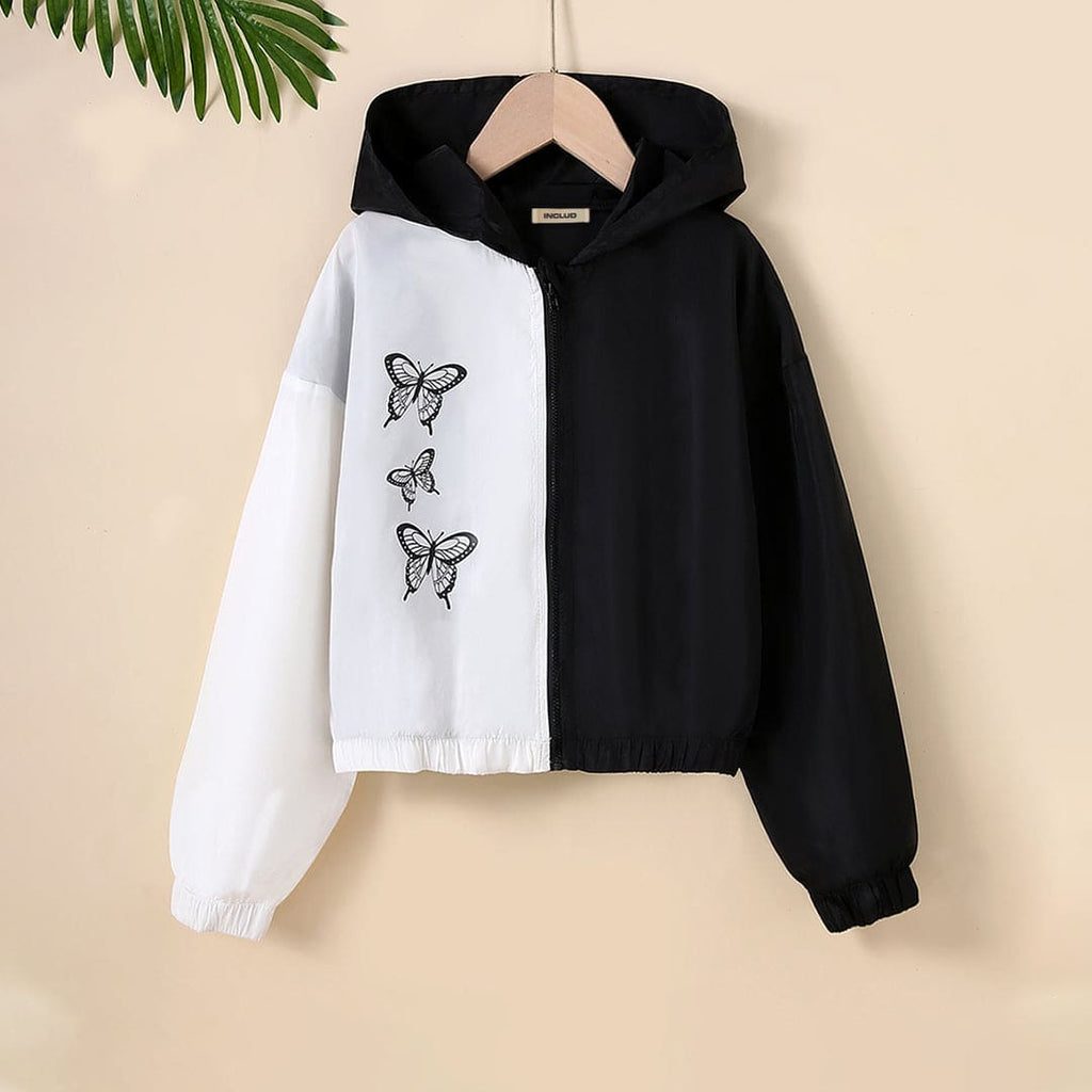 Girls Black Butterfly Print Full Sleeves Hooded Sweatshirt Sweatshirts & Hoodies Black 8-9 Y 