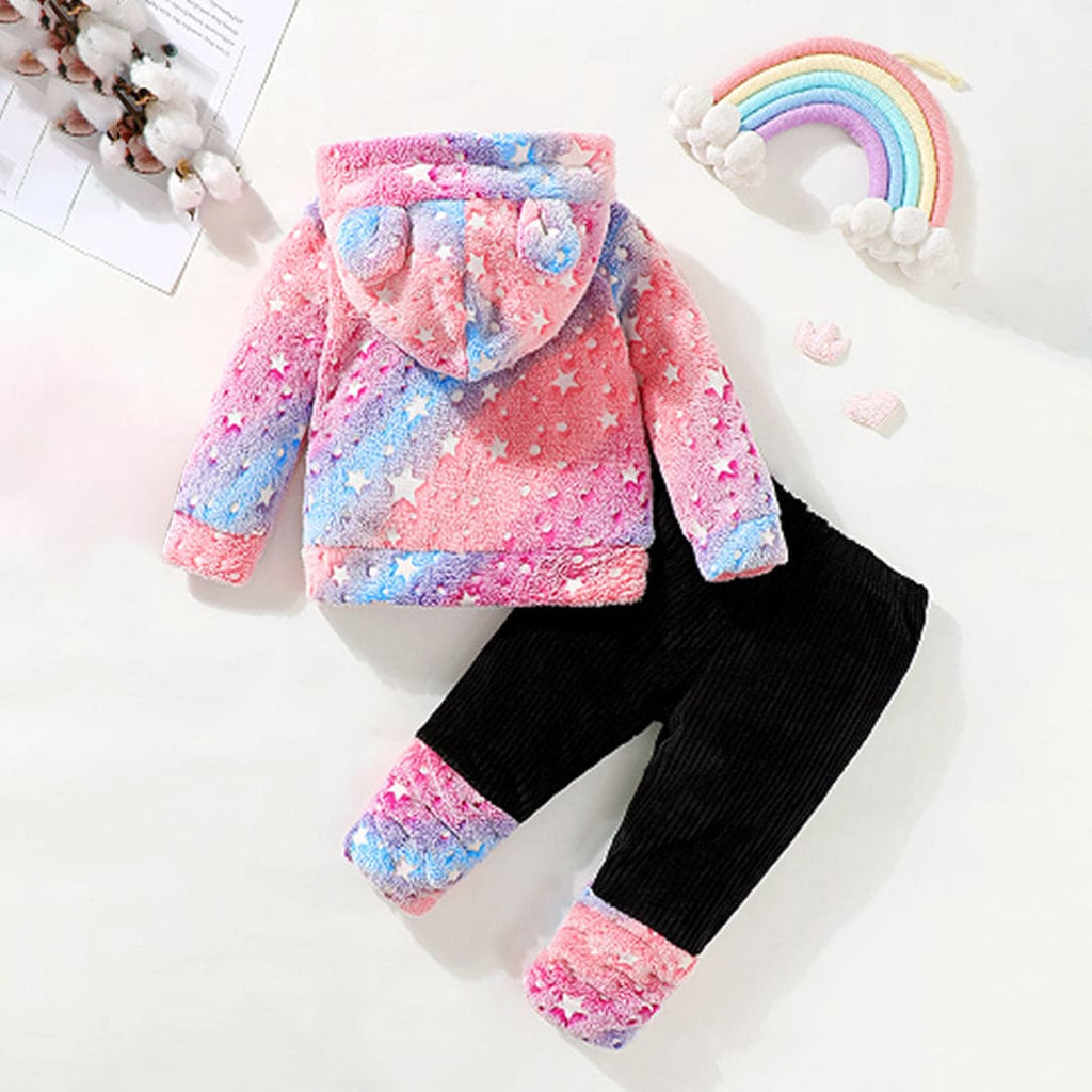 Girls Pink Star Printed Hooded Sweatshirt with Sweatpants Set Sets Pink 6-9 M 