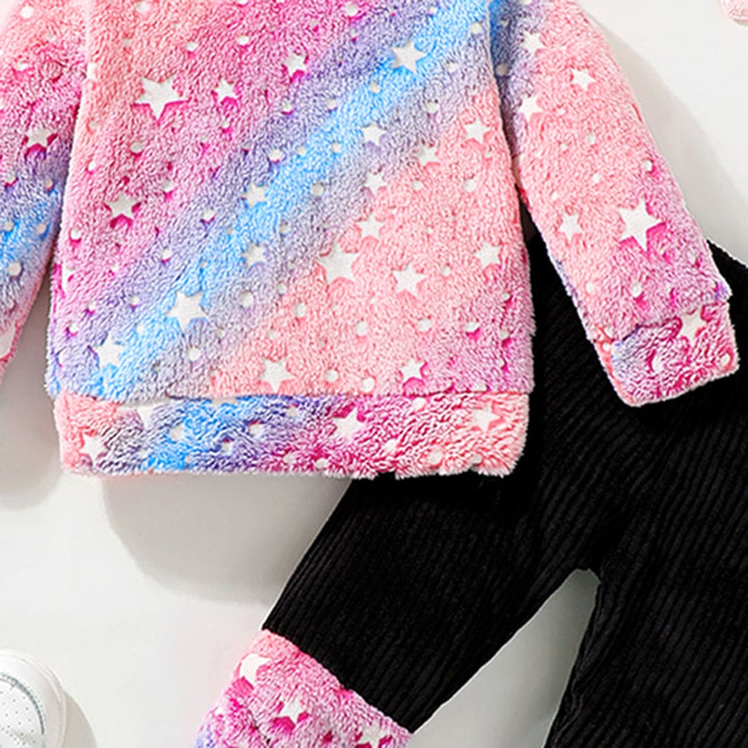 Girls Pink Star Printed Hooded Sweatshirt with Sweatpants Set Sets   