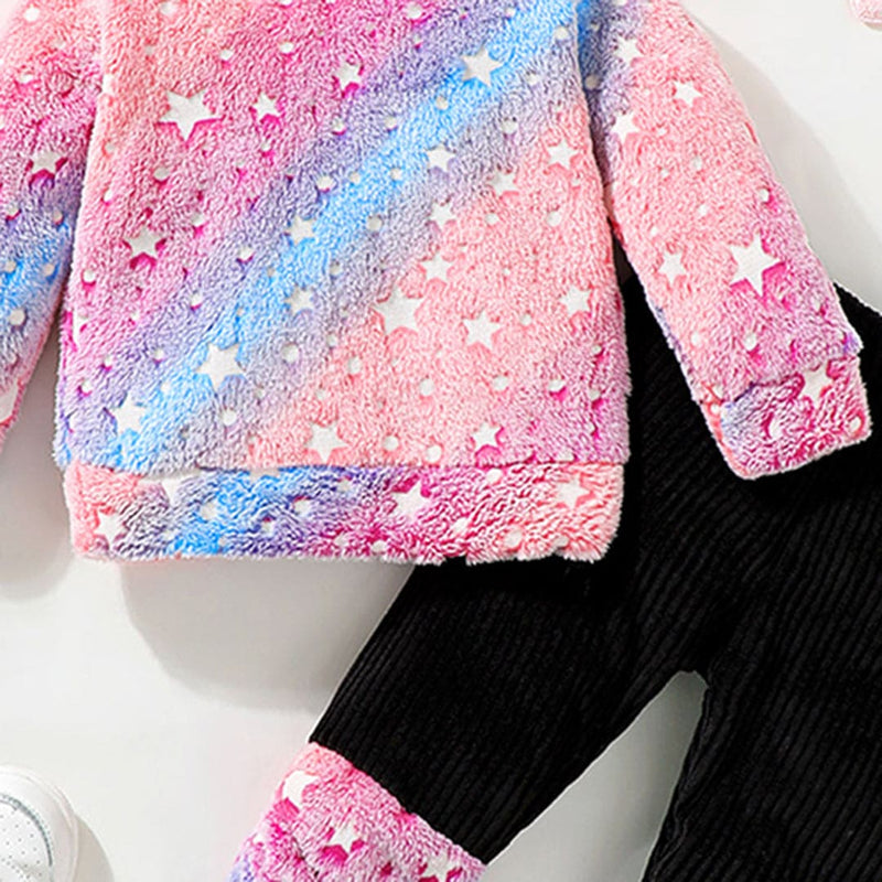 Girls Pink Star Printed Hooded Sweatshirt with Sweatpants Set Sets   
