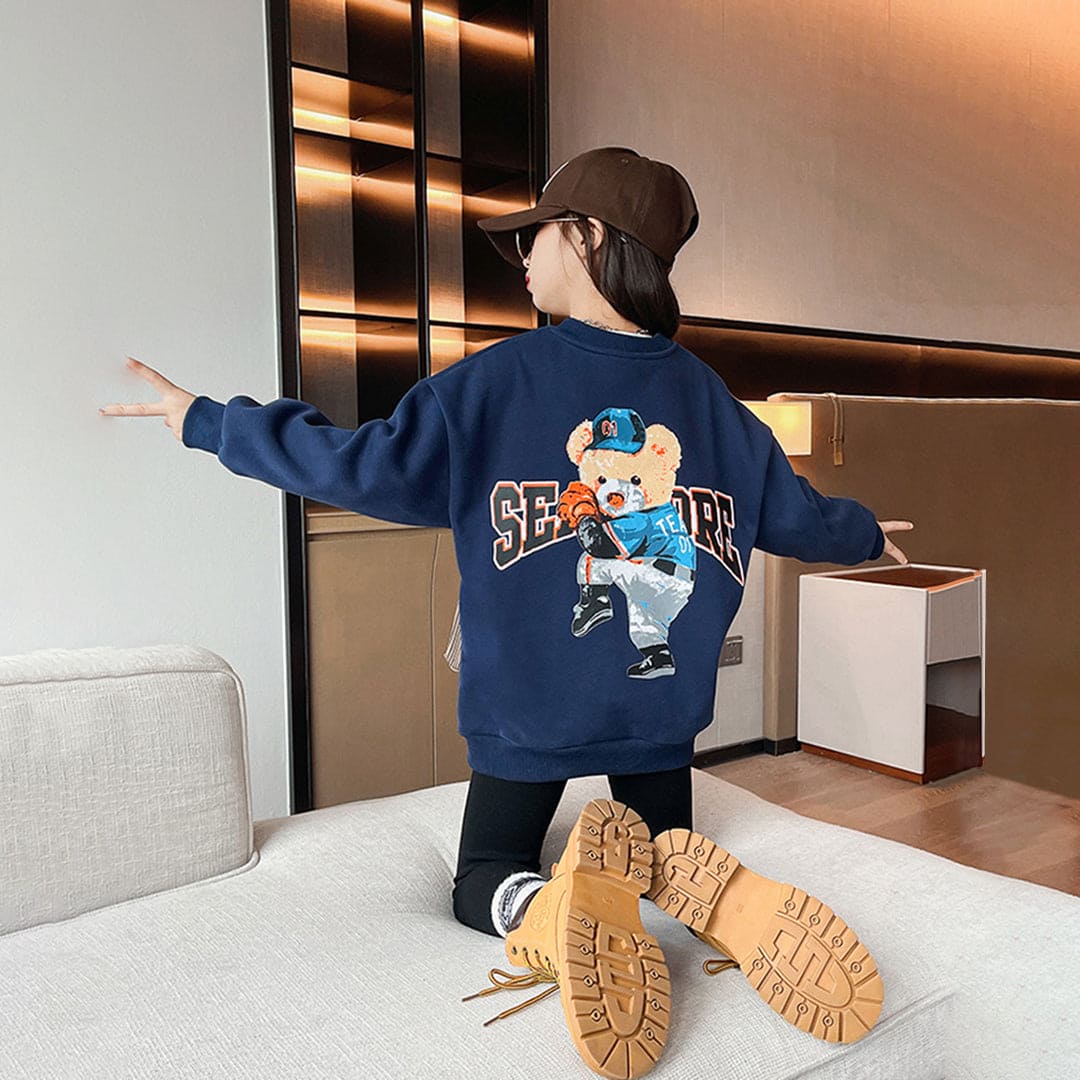 Girls Blue Text Printed Fleece Long Sleeve Sweatshirt Sweatshirts & Hoodies   