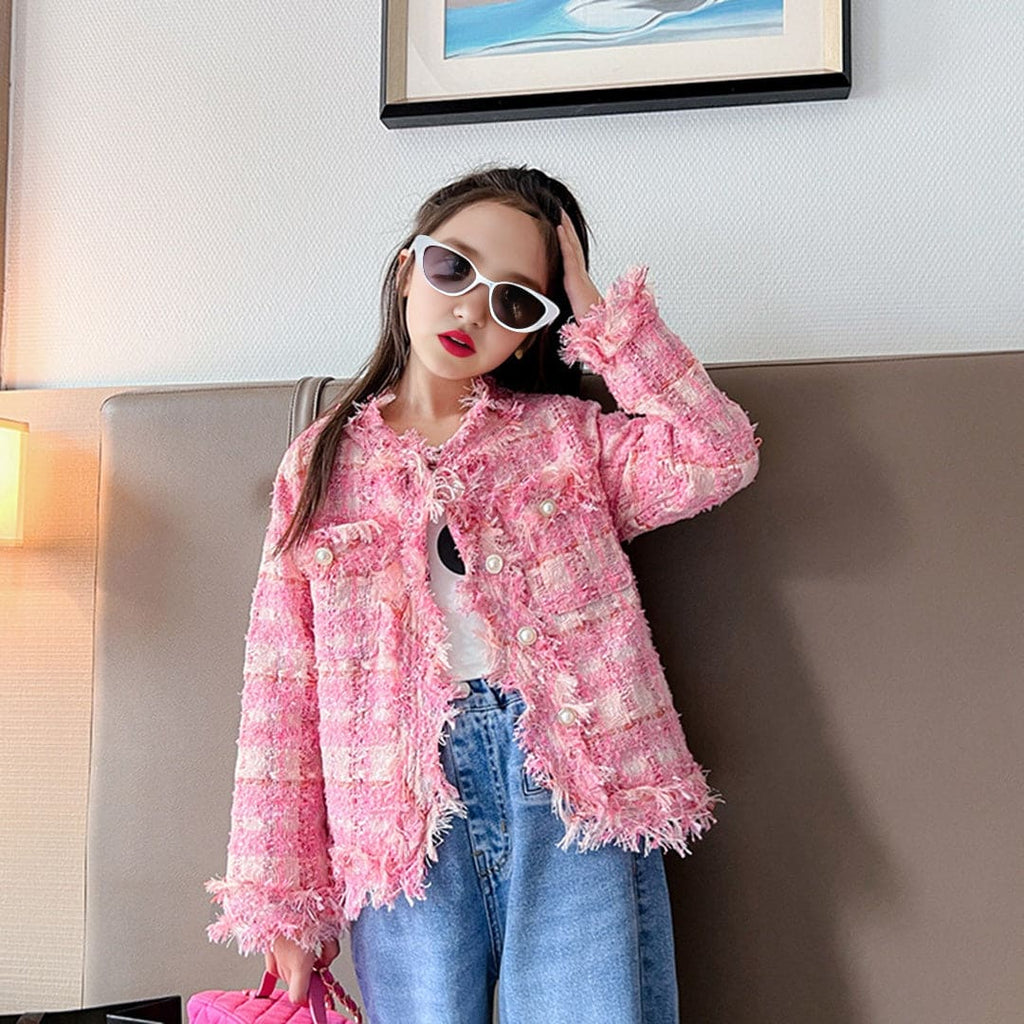 Girls Pink Stylish Front Open Long Sleeve Coat