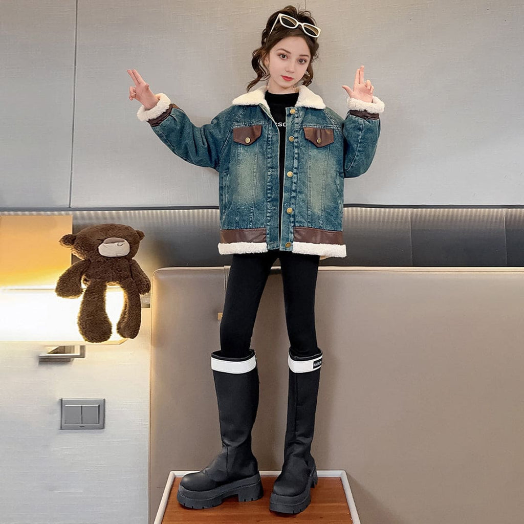 Girls Long Sleeve Denim Jacket With Fur Lining Coats & Jackets Blue 3-4 Y 