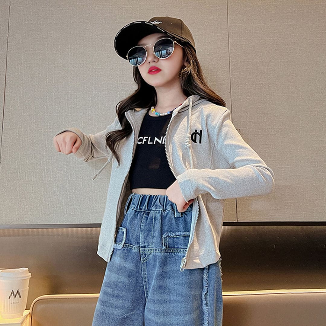 Girls Grey Front Open Hooded Jacket Coats & Jackets   