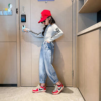 Girls Printed Long Sleeve Gray Top With Denim Jeans Sets Sets   