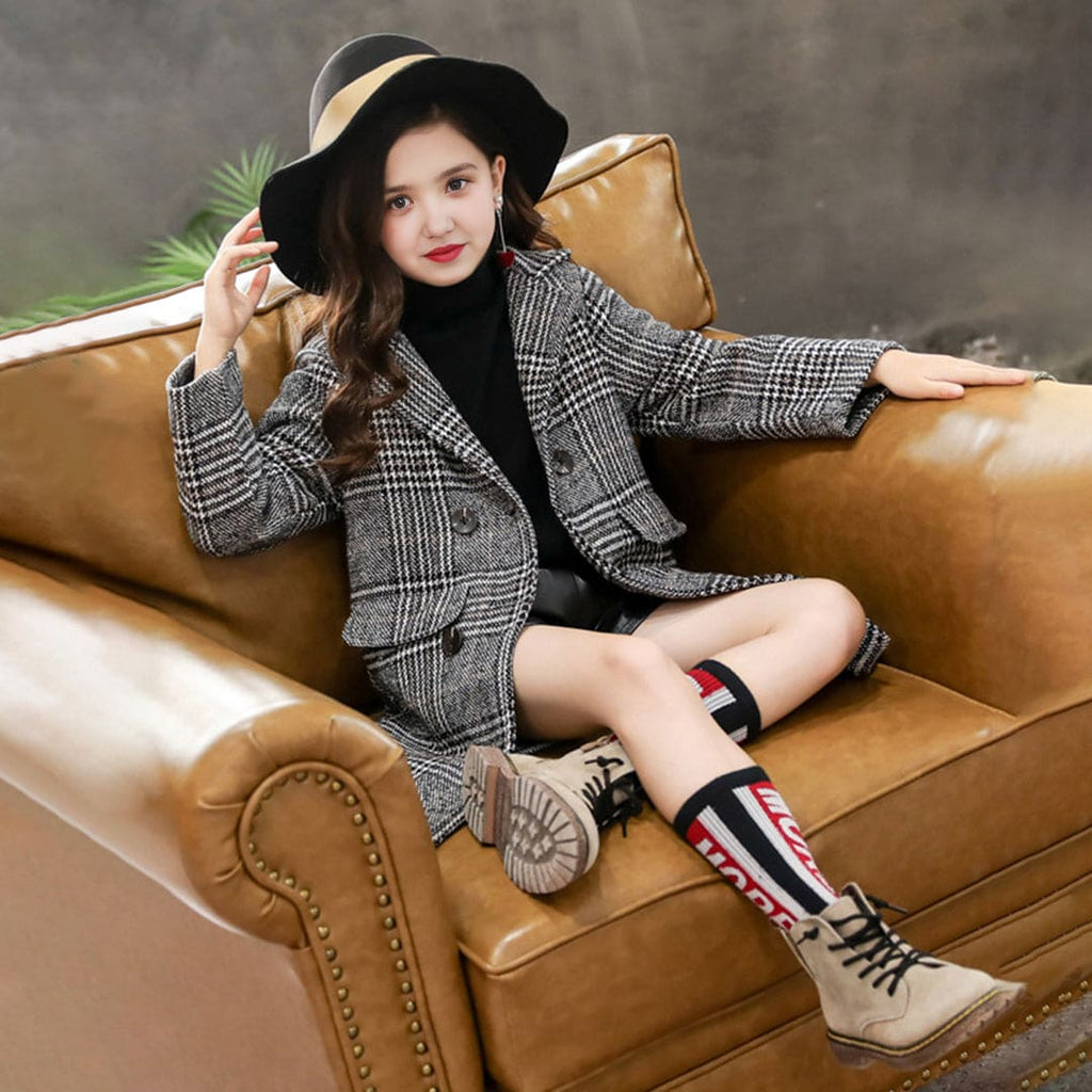 Girls Plaid Plush Padded Mid-length Tweed Coat