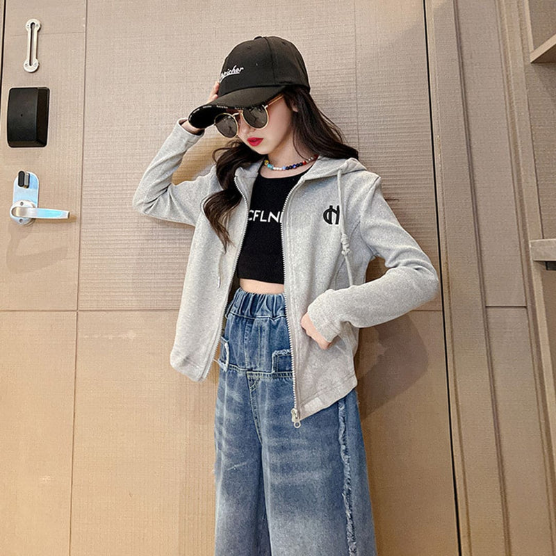 Girls Grey Front Open Hooded Jacket Coats & Jackets   