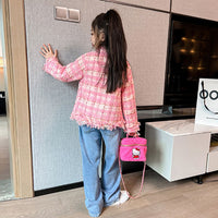 Girls Pink Stylish Front Open Long Sleeve Coat Coats & Jackets   