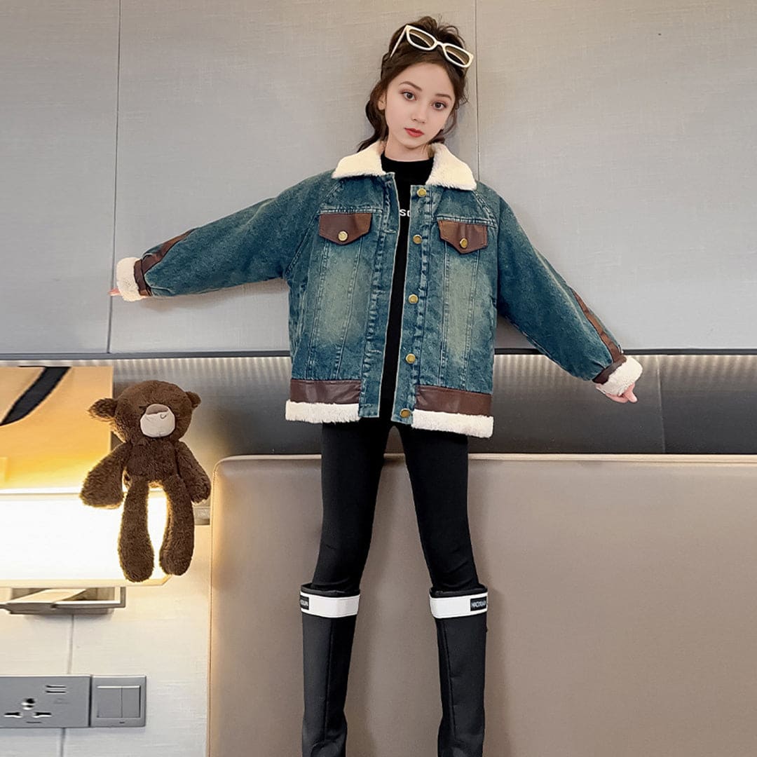 Girls Long Sleeve Denim Jacket With Fur Lining Coats & Jackets   