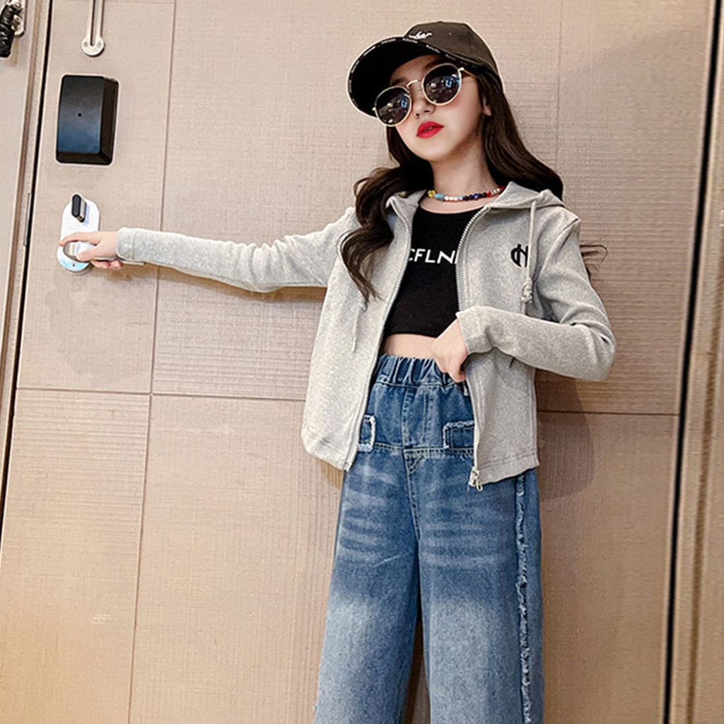 Girls Grey Front Open Hooded Jacket Coats & Jackets   