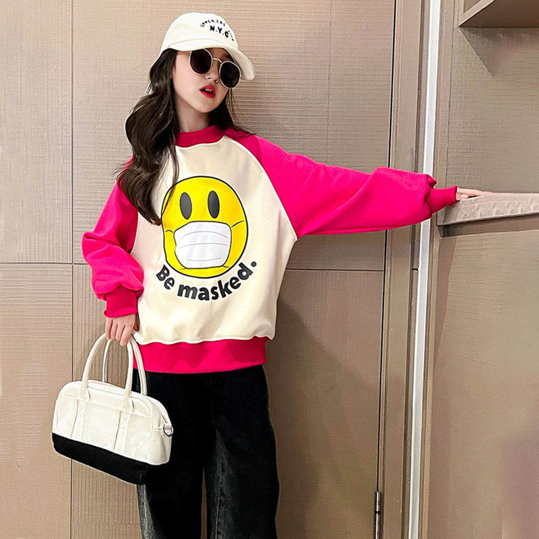 Girls Smiley Printed Pink Long Sleeve Fleece Sweatshirt Sweatshirts & Hoodies   