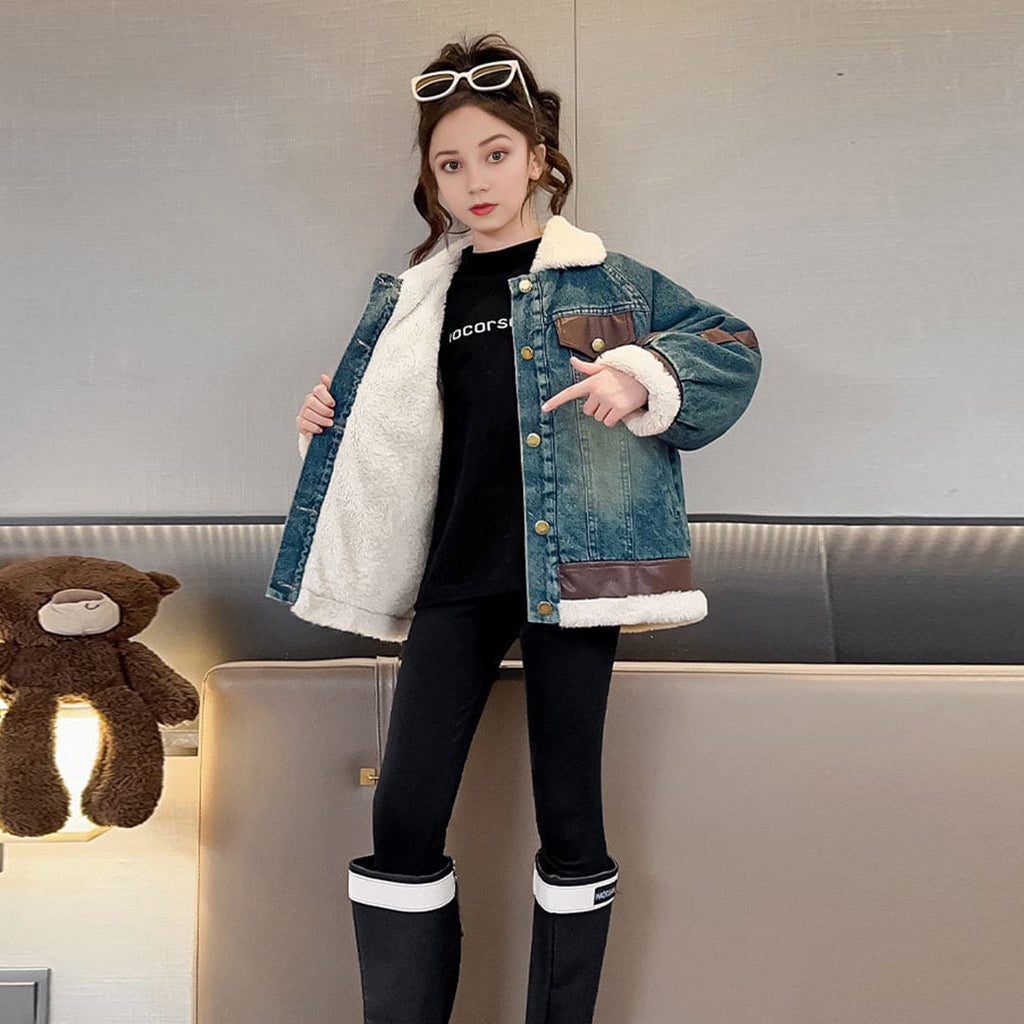 Girls Long Sleeve Denim Jacket With Fur Lining Coats & Jackets   