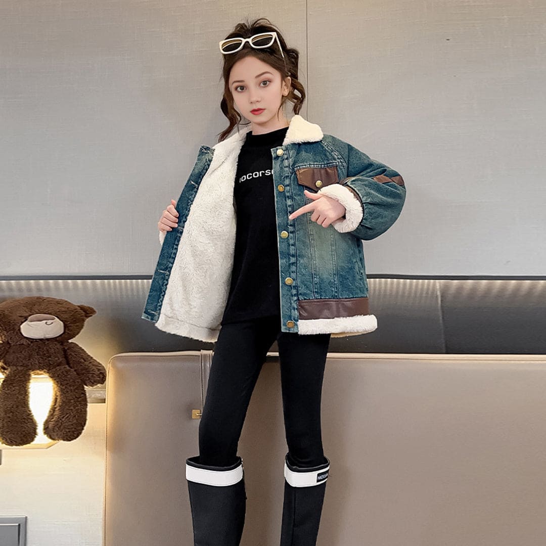 Girls Long Sleeve Denim Jacket With Fur Lining Coats & Jackets   