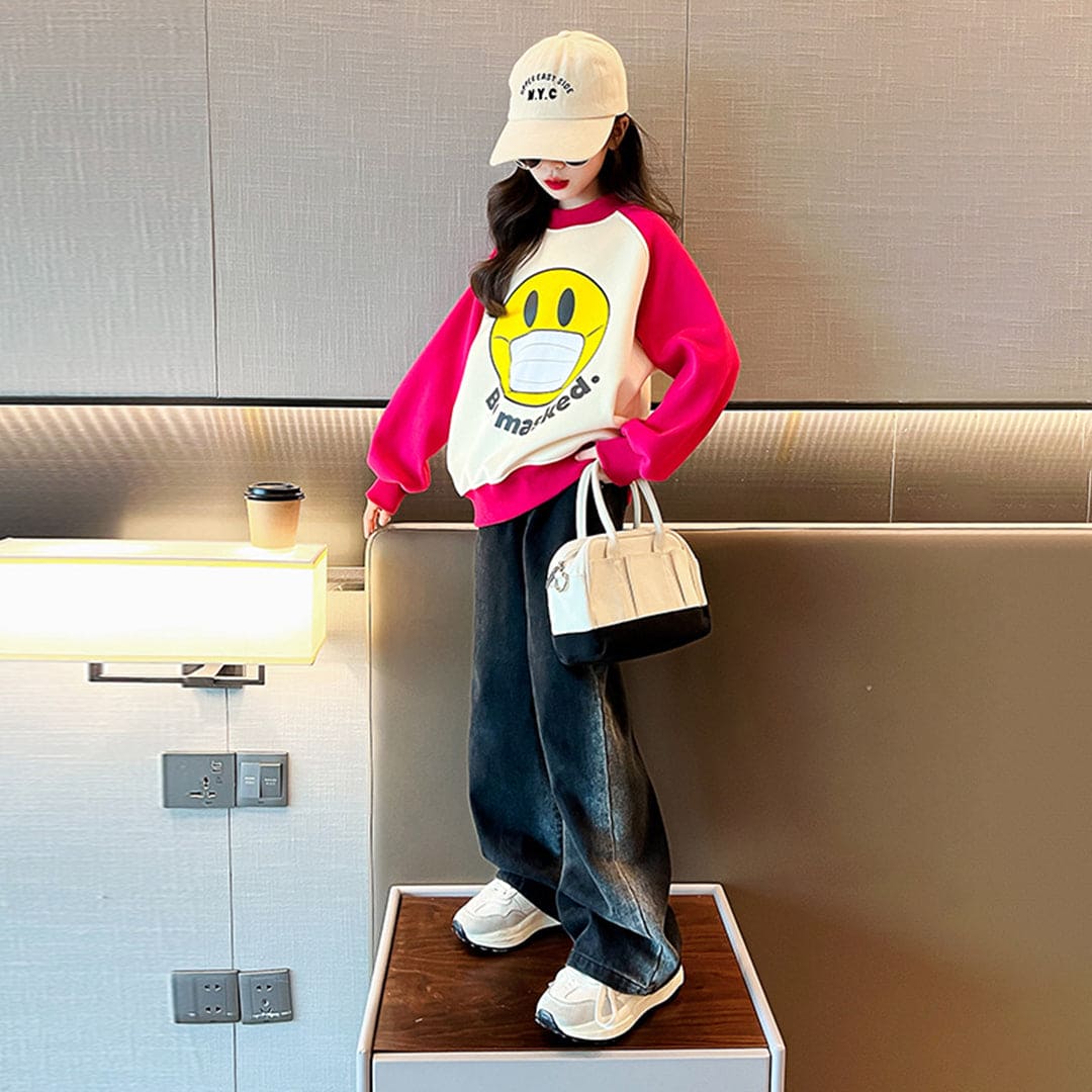 Girls Smiley Printed Pink Long Sleeve Fleece Sweatshirt Sweatshirts & Hoodies   