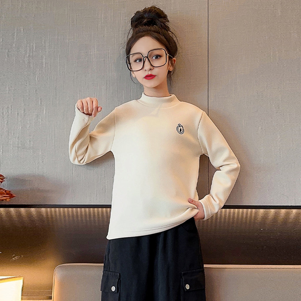Girls White Long Sleeve Cotton High Neck Top Tops   