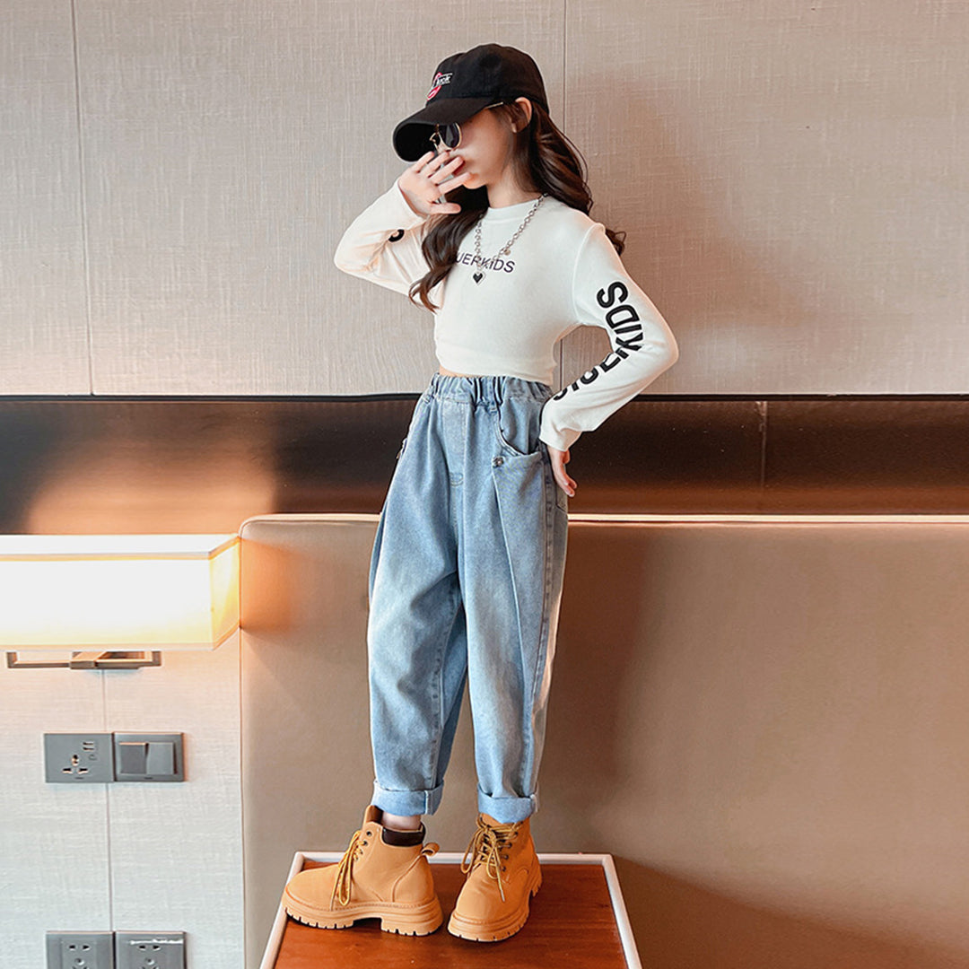 Girls White Printed Long Sleeve Top With Denim Jeans Sets Sets   