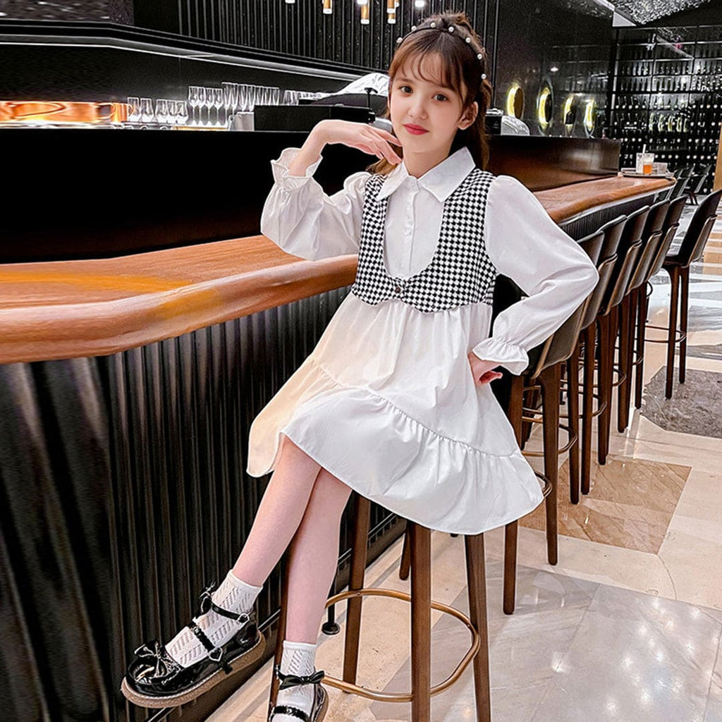 Girls White Long Sleeve Shirt Neck Casual Dress Casual Dresses White 3-4 Y 