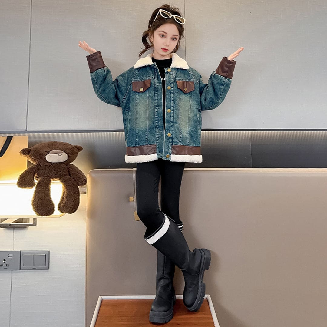 Girls Long Sleeve Denim Jacket With Fur Lining Coats & Jackets   