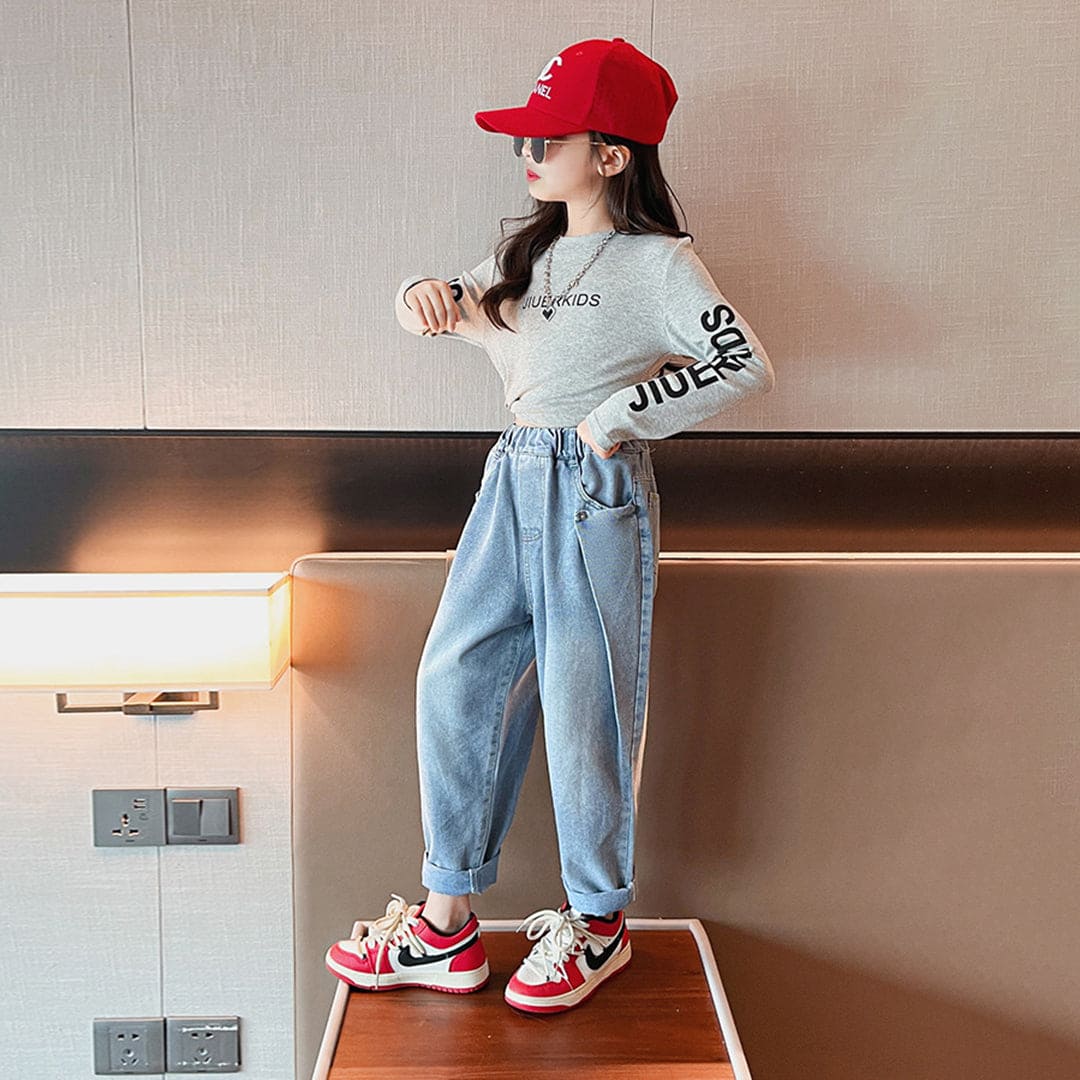 Girls Printed Long Sleeve Gray Top With Denim Jeans Sets Sets   
