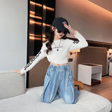 Girls White Printed Long Sleeve Top With Denim Jeans Sets