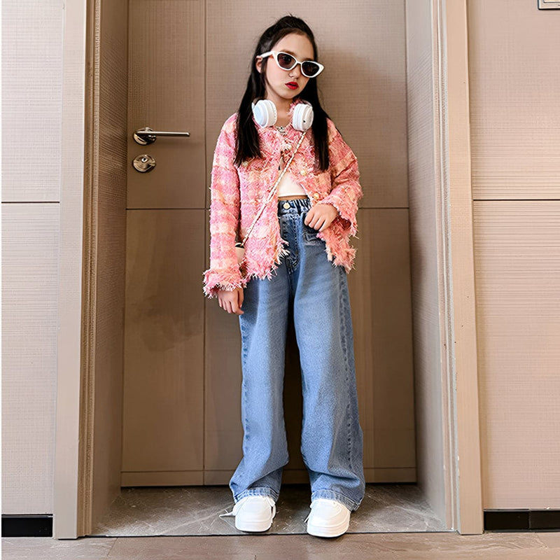 Girls Pink Stylish Front Open Long Sleeve Coat Coats & Jackets   