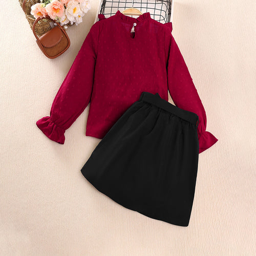 Girls Red Full Sleeves Ruffles Neck Top with Skirt Set Sets   