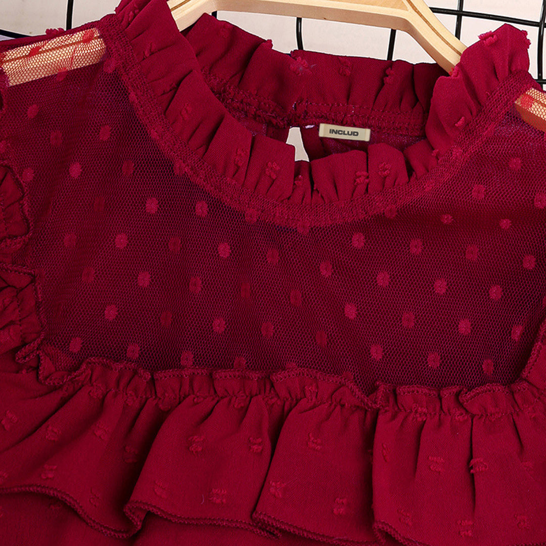 Girls Red Full Sleeves Ruffles Neck Top with Skirt Set Sets   