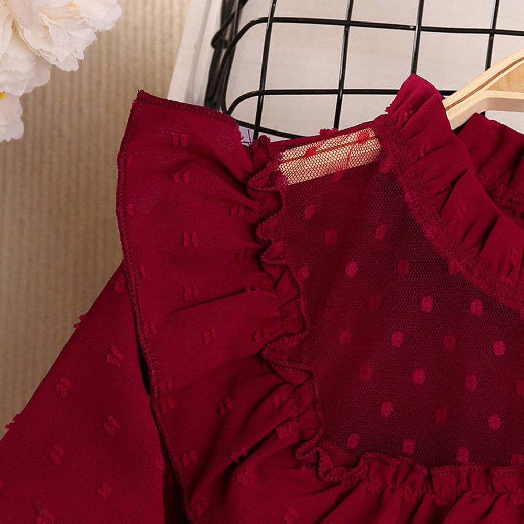 Girls Red Full Sleeves Ruffles Neck Top with Skirt Set Sets   