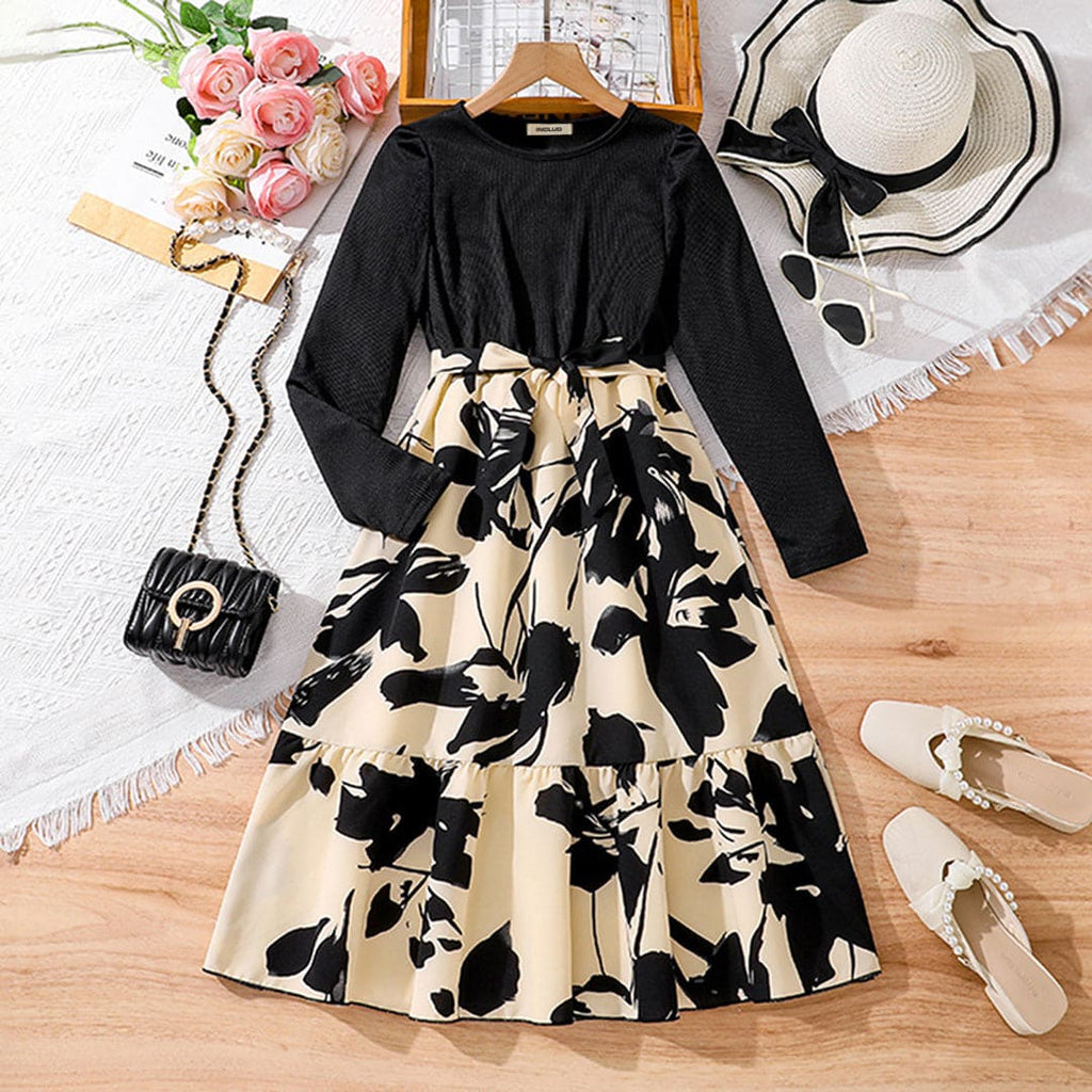 Girls Black Floral Print Full Sleeves Ankle Length Dress Casual Dresses Black 7-8 Y 