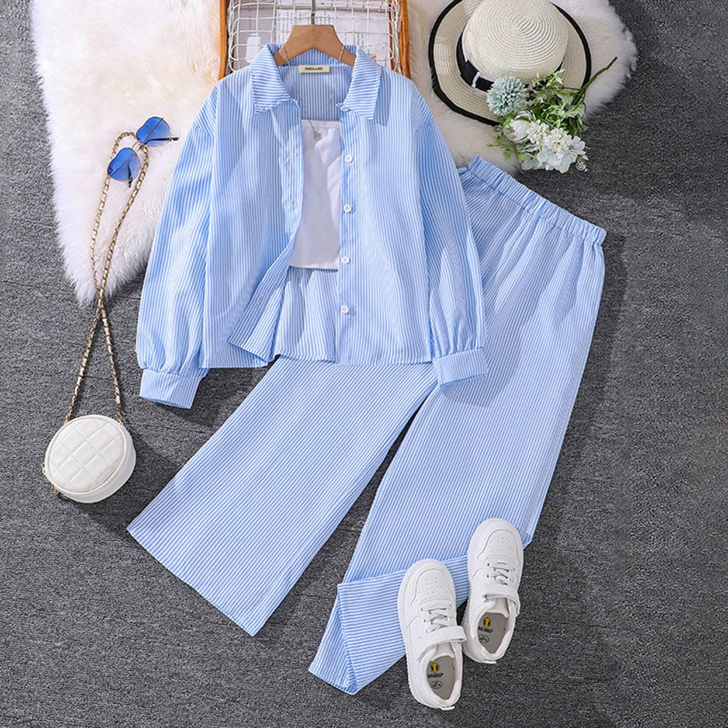 Girls Sky Blue Striped Long Sleeved Shirt with Pants Set Sets Sky Blue 7-8 Y 