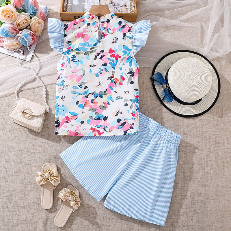 Girls Blue Flutter Sleeves Printed Top with Striped Shorts Sets Sets   