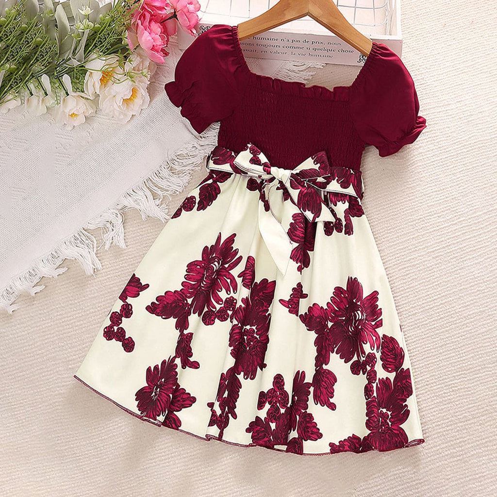 Girls Red Smocked Floral Print Puff Sleeves Fit & Flare Dress Casual Dresses Red 2-3 Y 