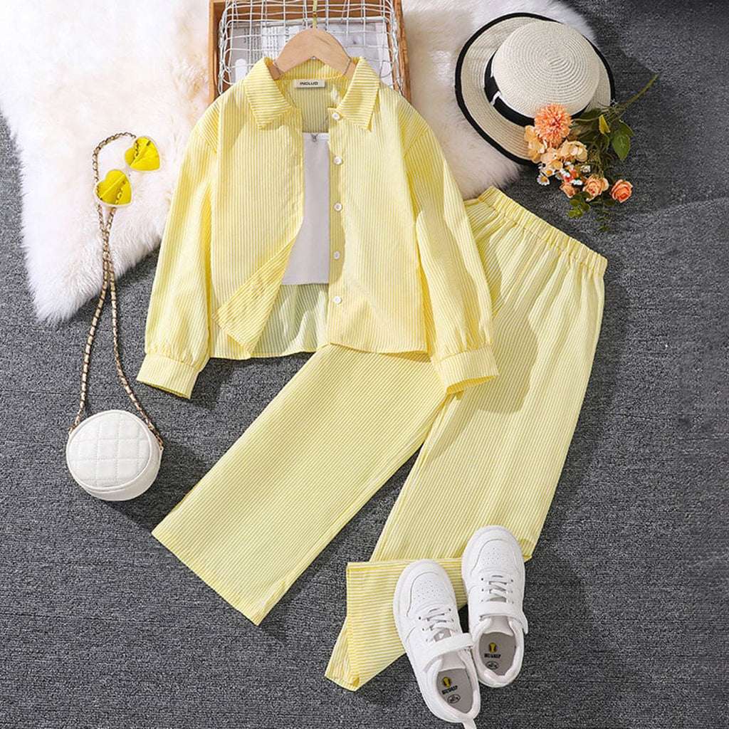 Girls Yellow Striped Long Sleeves Shirt with Pants Set Sets Yellow 7-8 Y 