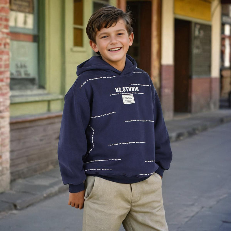 Boys Navy Hooded Printed Warm Sweatshirt Sweatshirts & Hoodies   