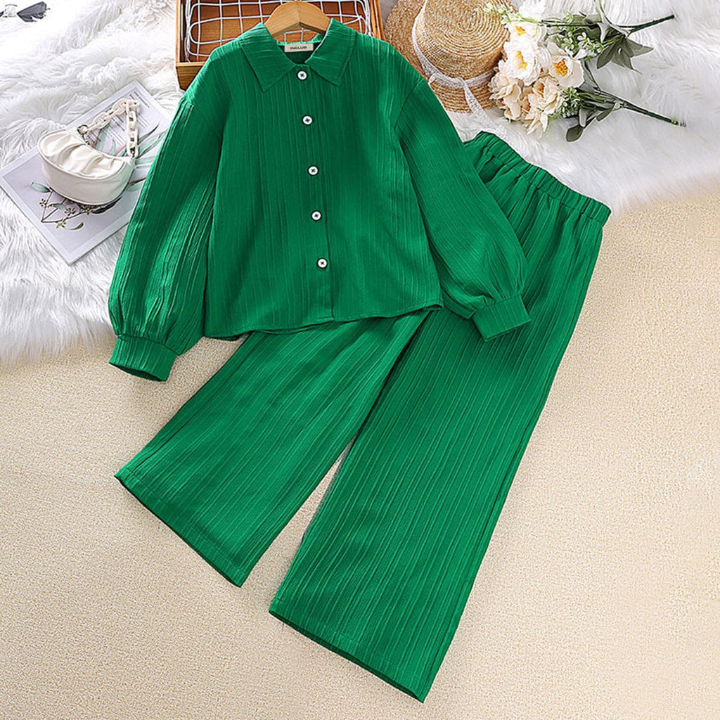 Girls Green Textured  Full Sleeves Shirt with Pants Co-ord Set Sets Green 7-8 Y 